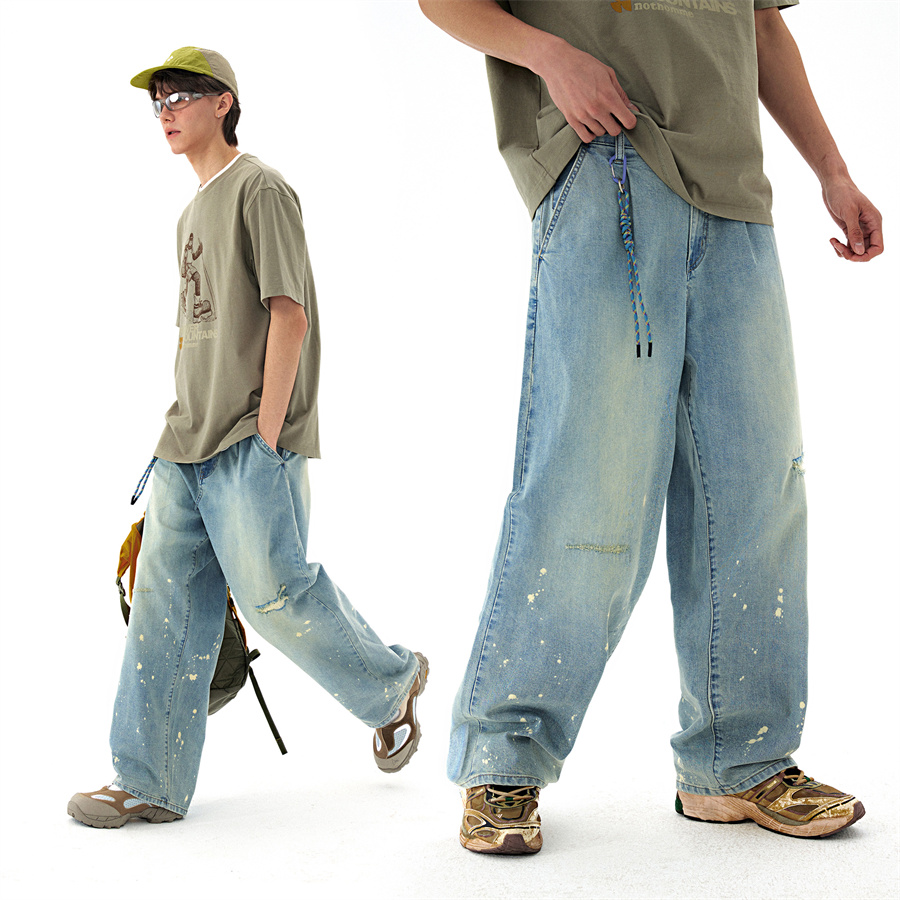 重磅盎司赤耳山系户外coolmax水洗泼墨宽松直筒牛仔长裤