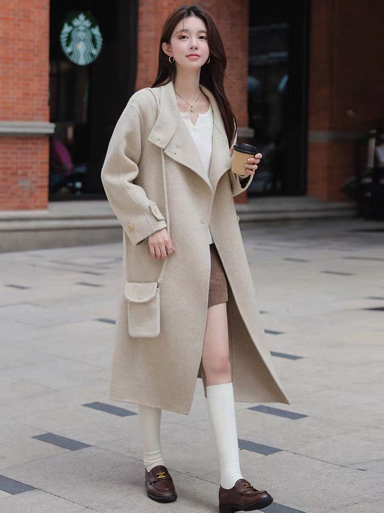 米黄色立领双面羊绒大衣女高级感2024年秋冬新长款带包包羊毛大衣