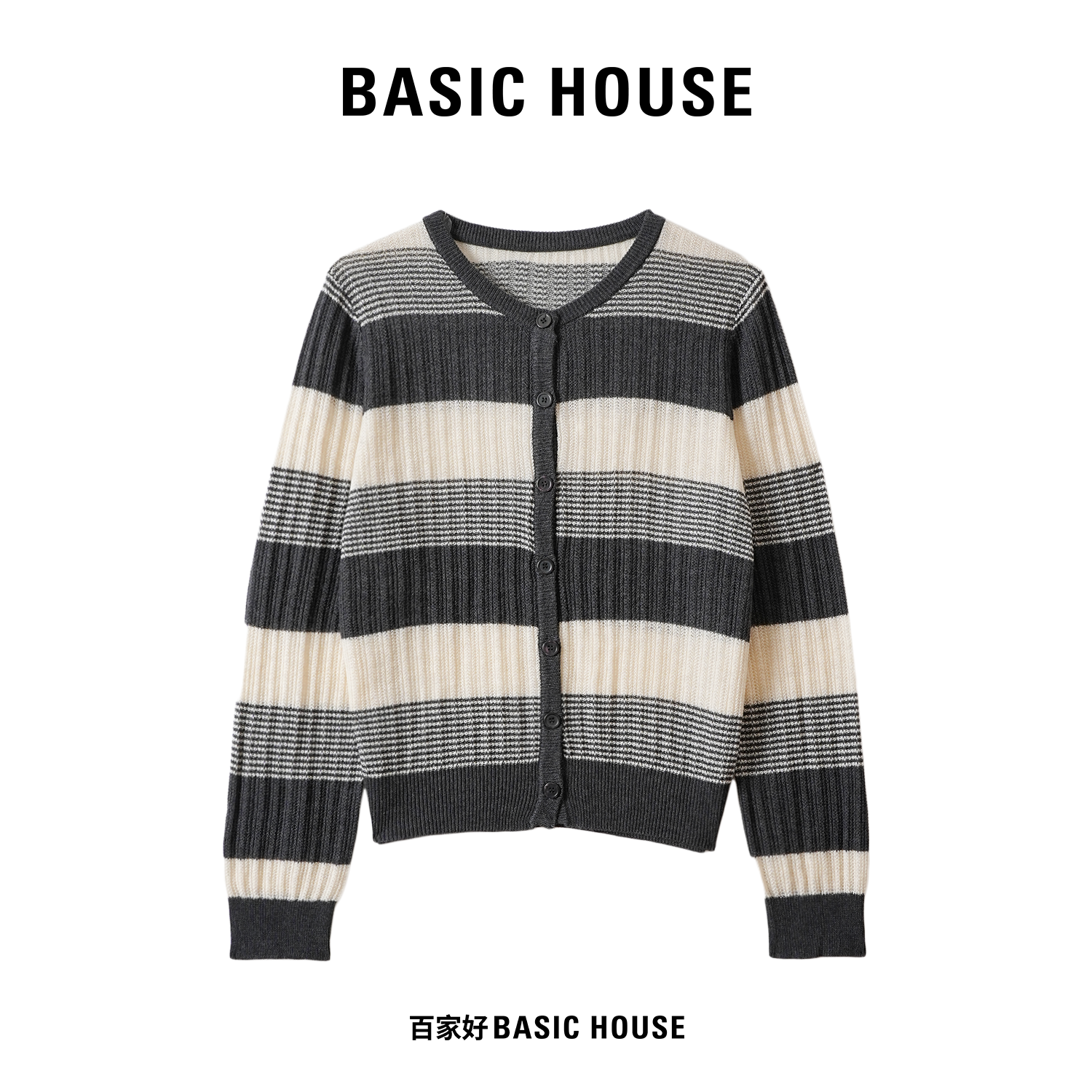 Basic House/百家好2024秋季新款圆领单排扣撞色条纹套头针织衫CC