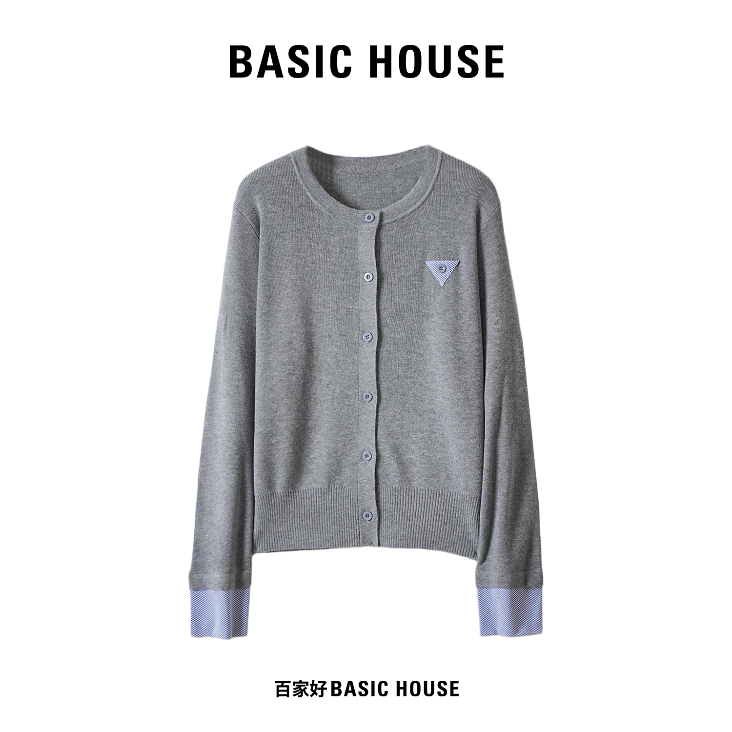 Basic House/百家好秋季拼色三角印花圆领宽松毛针织衫0632 MM