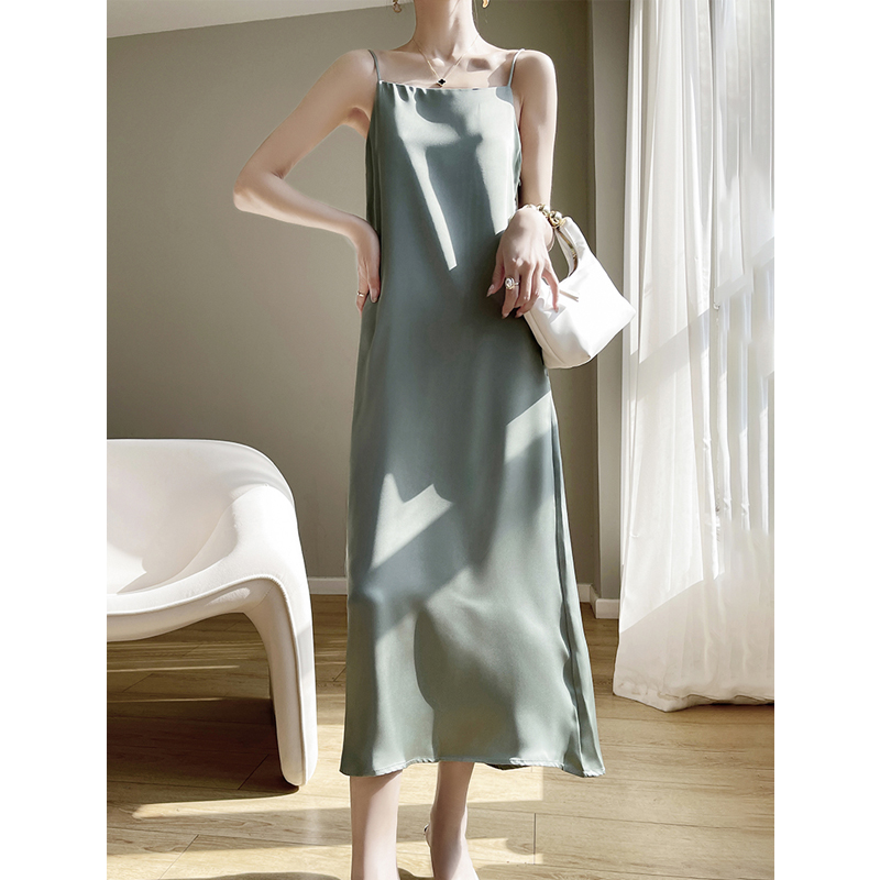 桑蚕丝连衣裙女宽松气质夏季性感外穿中长款裙子薄款纯色无袖长裙