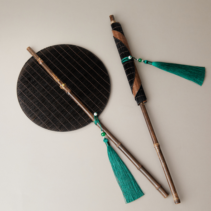 古风大漆紫竹竹扇麈尾竹编宫扇腰扇子便携可卷收折叠竹丝团扇仿宋