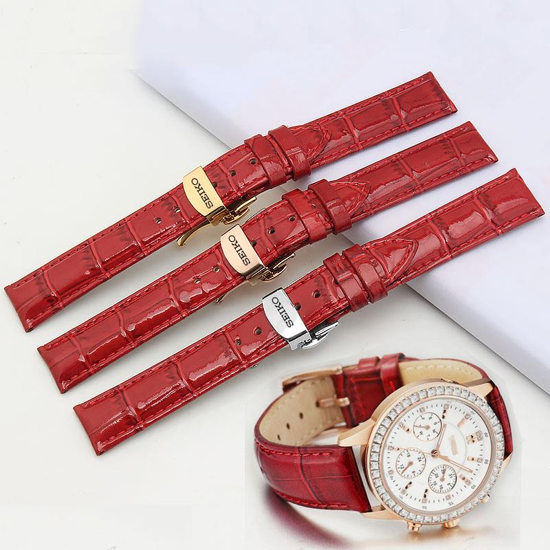 SEIKO精工女表带真皮表带红色12 14 16 18mm蝴蝶扣针扣表带配件
