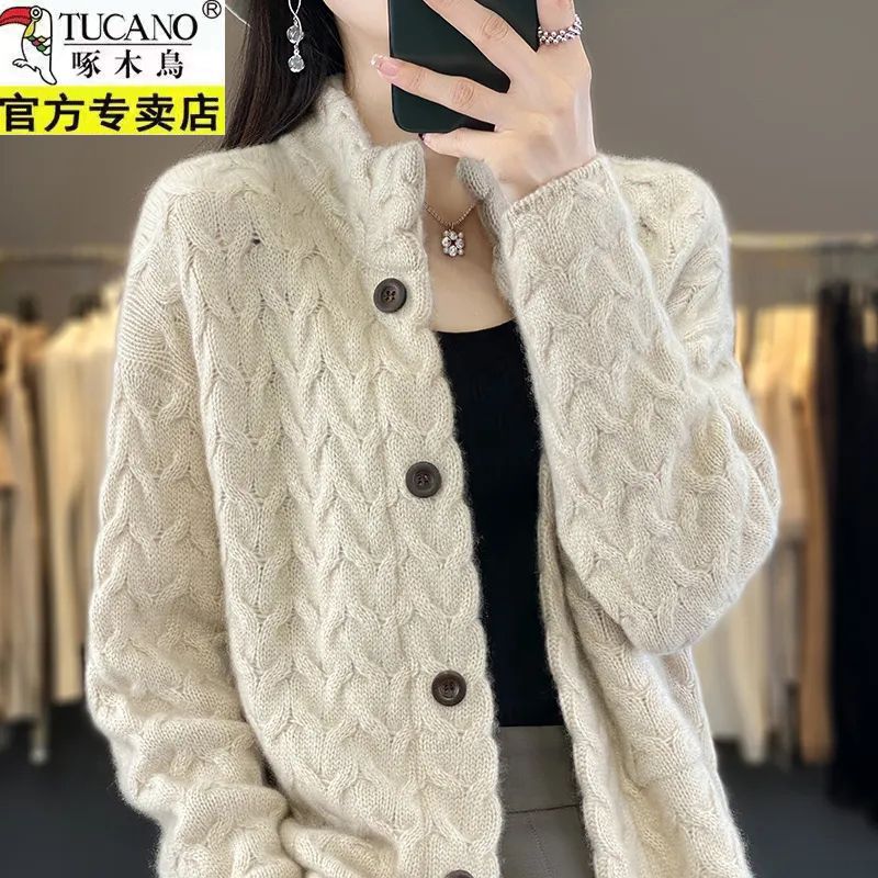 啄木鸟2023年秋冬季新款开衫女麻花立领羊毛衫上衣宽松针织毛衣女