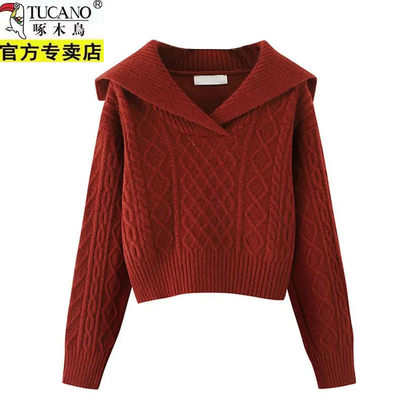 啄木鸟设计感毛衣女高腰短款羊毛衫2023秋冬新款毛衣女针织衫上衣