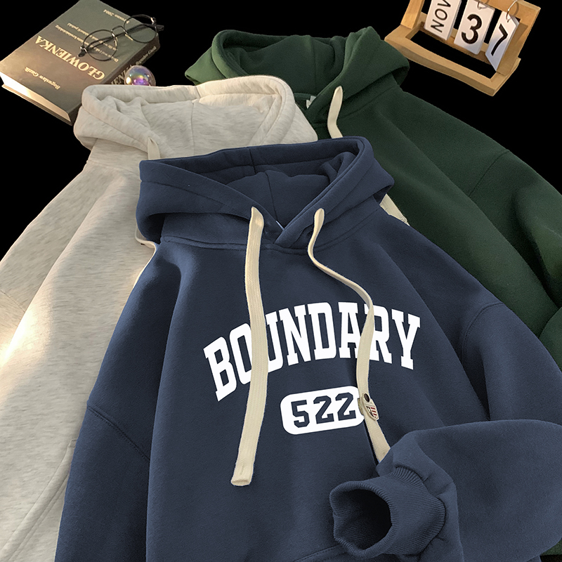 学院风秋冬美式男女加绒连帽卫衣宽松百搭帽衫oversize慵懒风外套