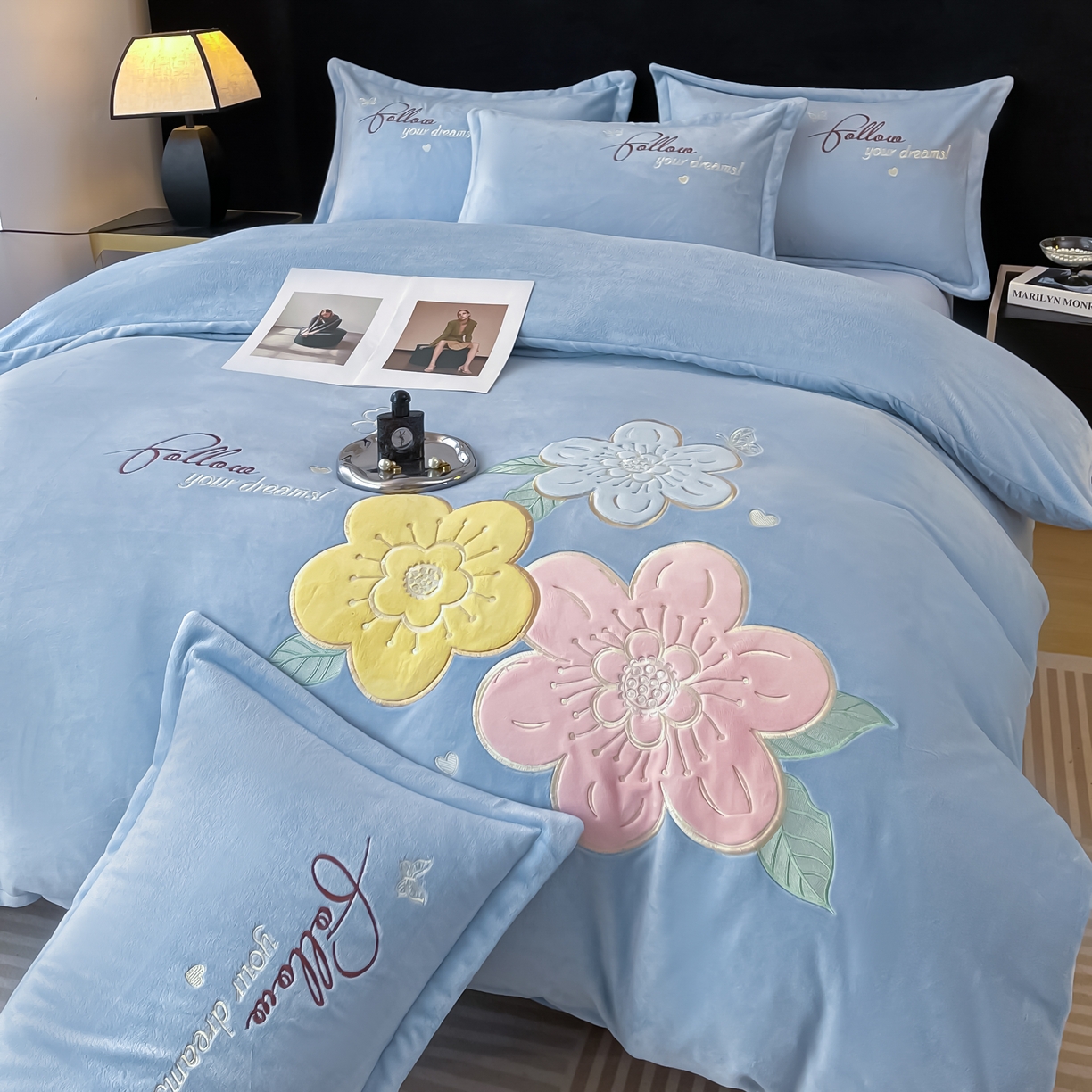 【花语】8-9斤刺绣贴布绣加厚牛奶绒四件套加绒绣花