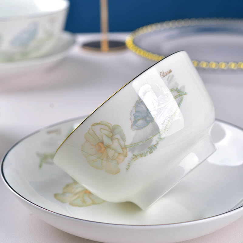 玉珑新款2023高颜值陶瓷餐具金边碗盘家用米饭碗面碗汤碗简约日式