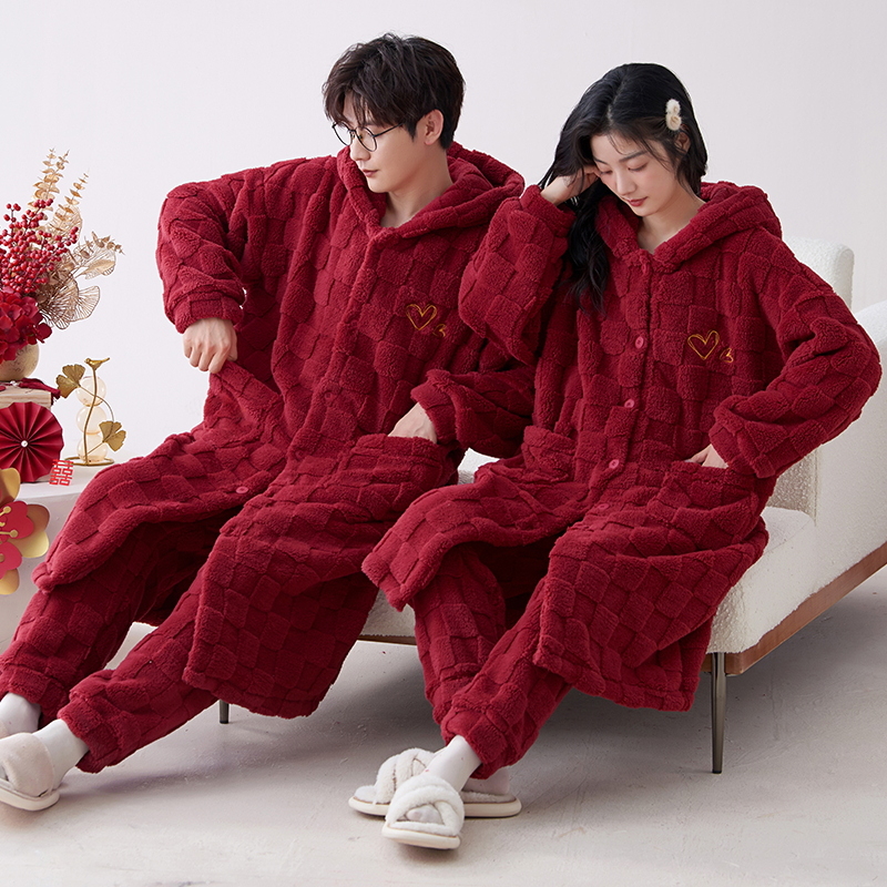 结婚睡衣情侣冬季红色睡袍珊瑚绒加绒加厚连帽新婚男女喜庆家居服