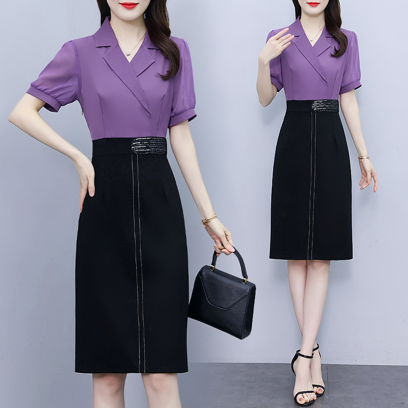 连衣裙夏2024新款女士西装领精致气质减龄显瘦名媛拼接包臀裙