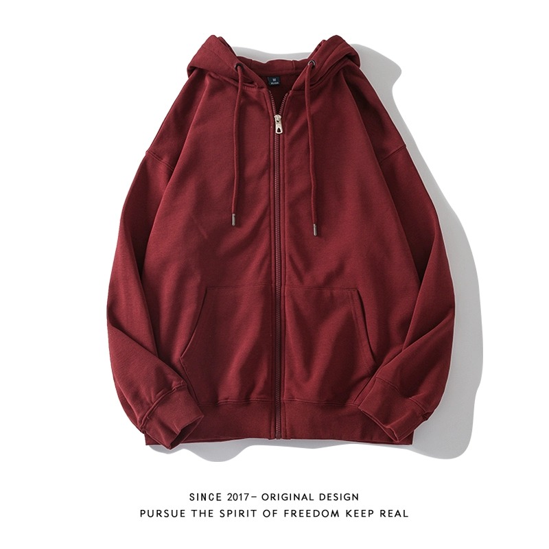 仓石一树日系潮牌酒红色连帽开衫卫衣男春秋宽松情侣帽衫运动外套