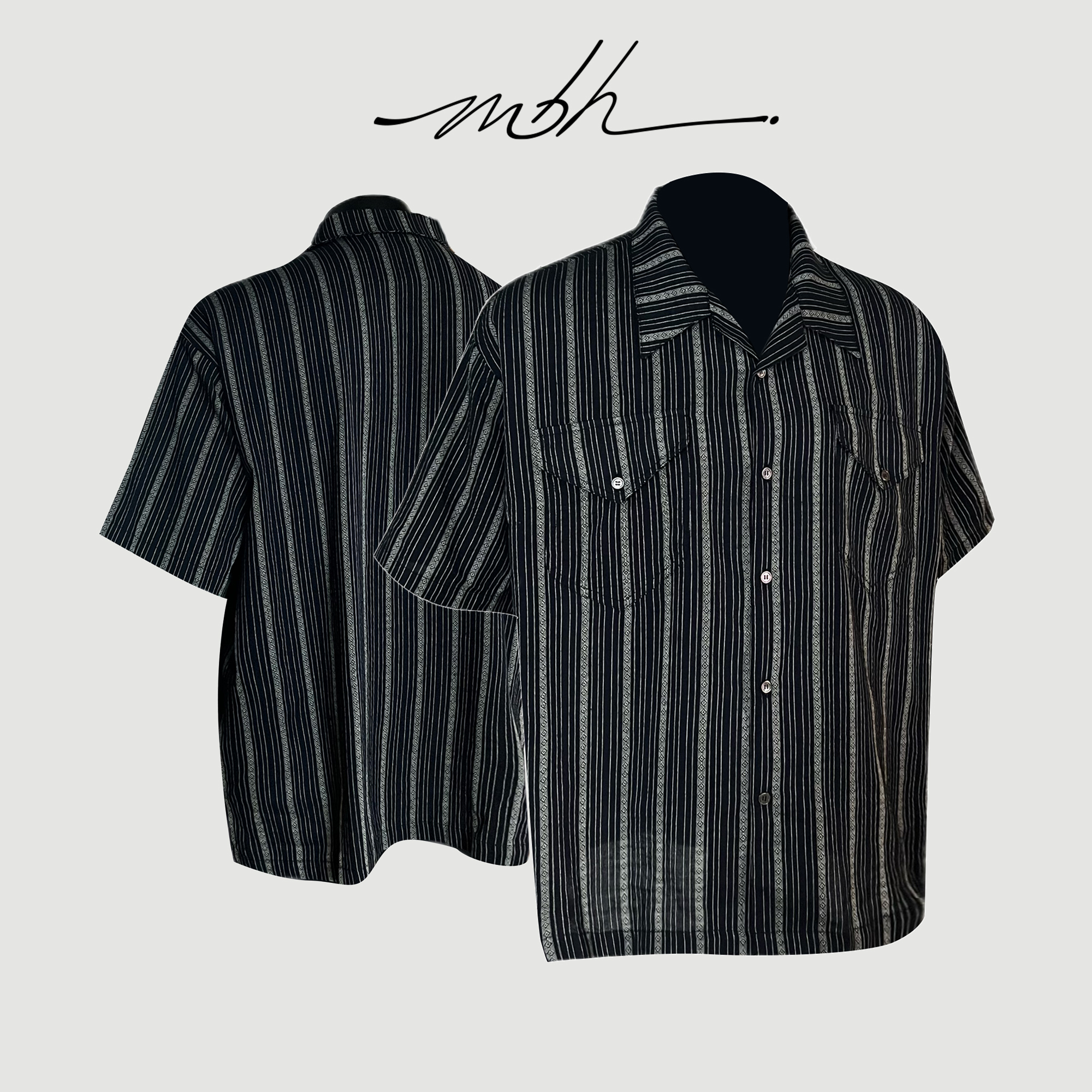 MBH|RETROSTRIPES夏日撞色條紋古巴領短袖廓形衬衫黑色工装裤