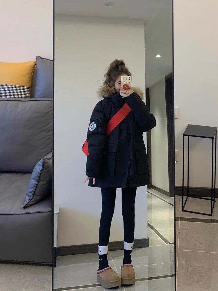 艾菜依羽绒服风衣女秋冬季2023加厚大毛领显瘦外套韩版宽松情侣工