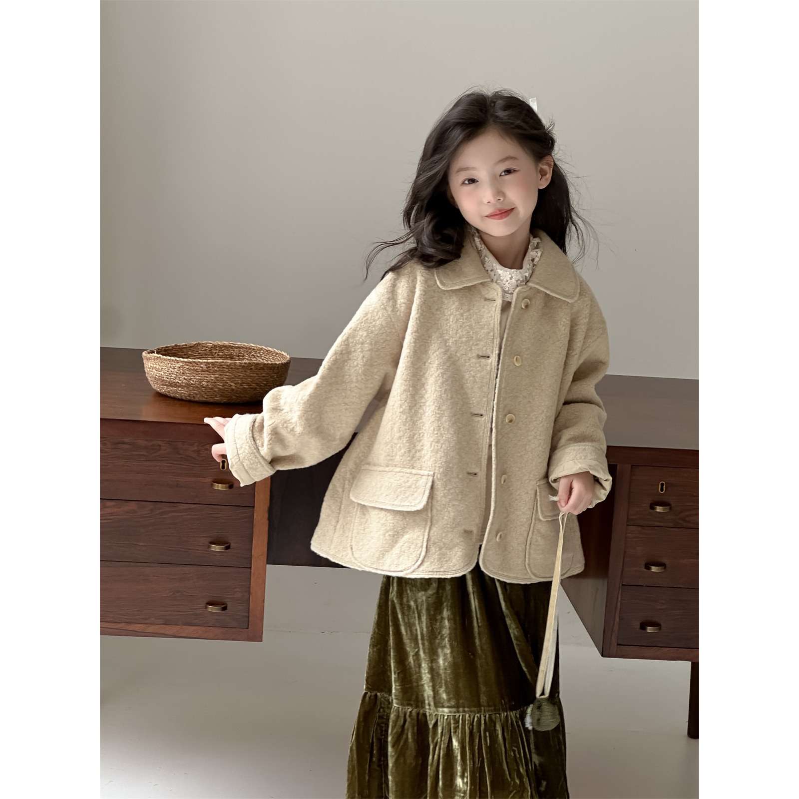 71166-韩版新款冬季女童翻领外套中大童时髦夹棉夹克 上衣潮