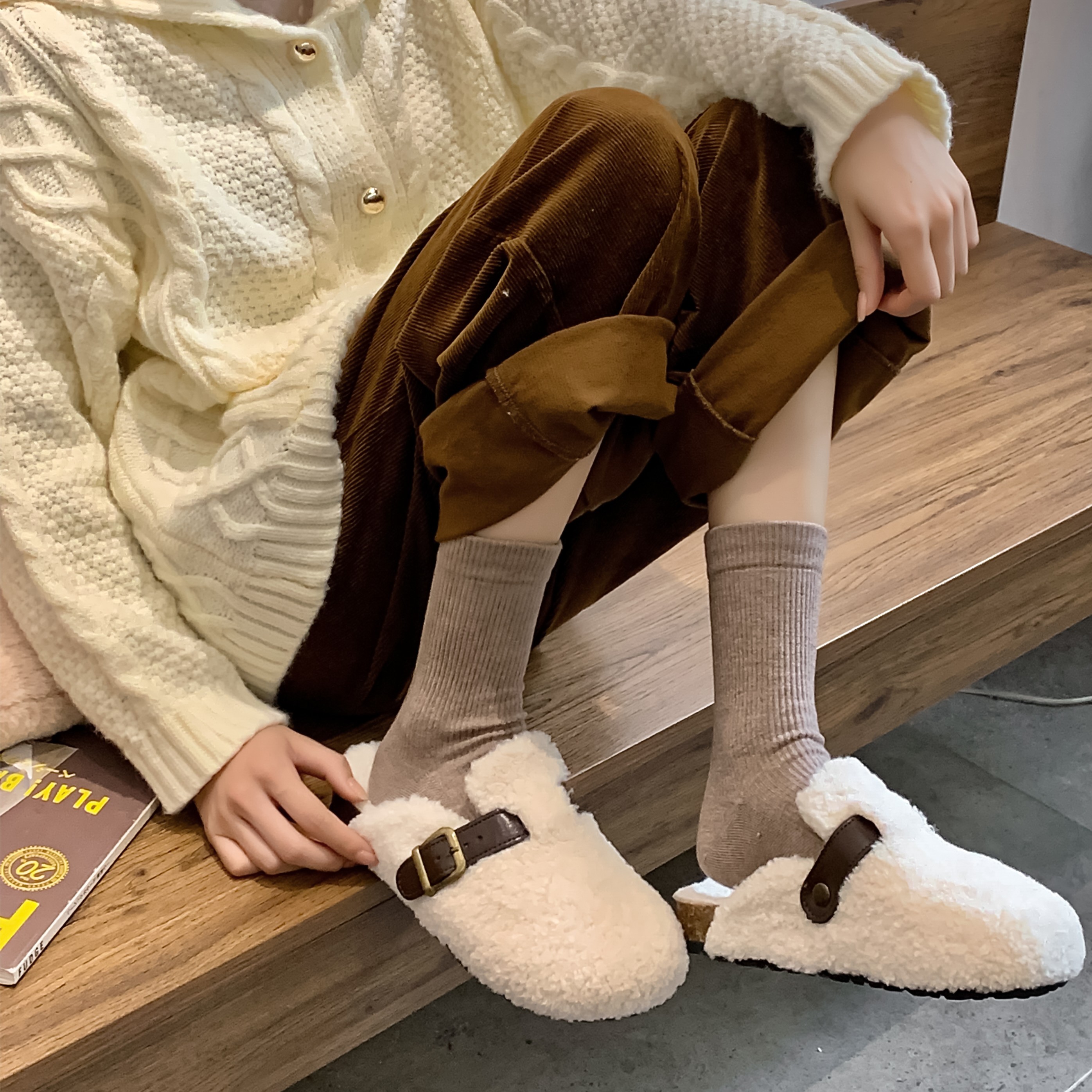 【微压无骨拉绒羊毛袜】冬季加厚保暖纯色坑条百搭无骨抗起球羊毛袜