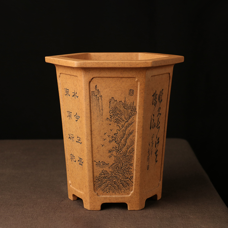 蔓木人宜兴紫砂花盆精品手工兰花盆段泥柴烧唯珍六方刻绘桌面绿植