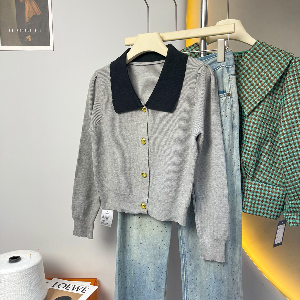 春秋外套时尚Polo领撞色开衫毛衣翻领单排扣显瘦短款百搭针织长袖