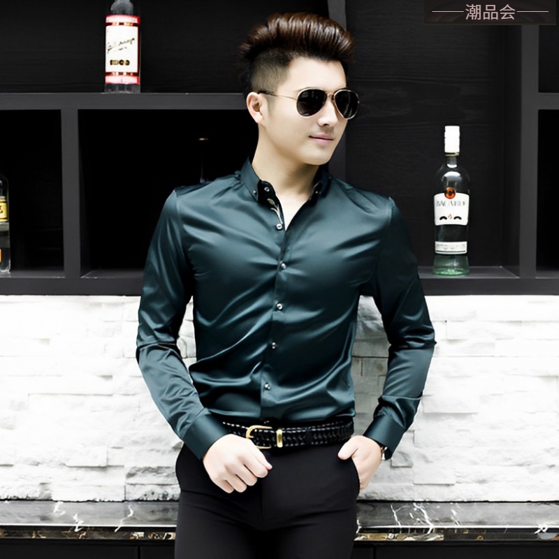 T欧货新款男士修身衬衫高端潮流刺绣花免烫抗皱光滑料官方旗舰店