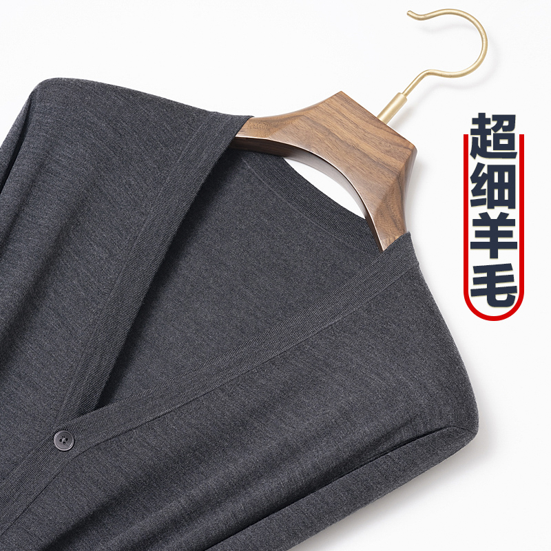 春秋季薄款针织开衫外套男100纯羊毛中年毛衣爸爸装长袖休闲上衣