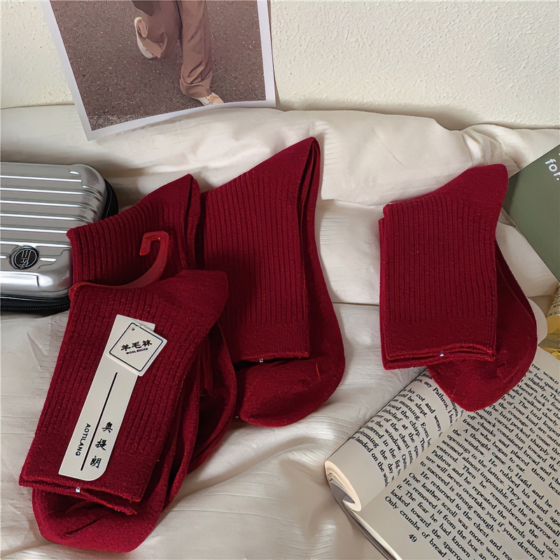 2024龙年羊绒暗红色男女士中筒袜加厚保暖冬季长袜酒红本命年羊绒