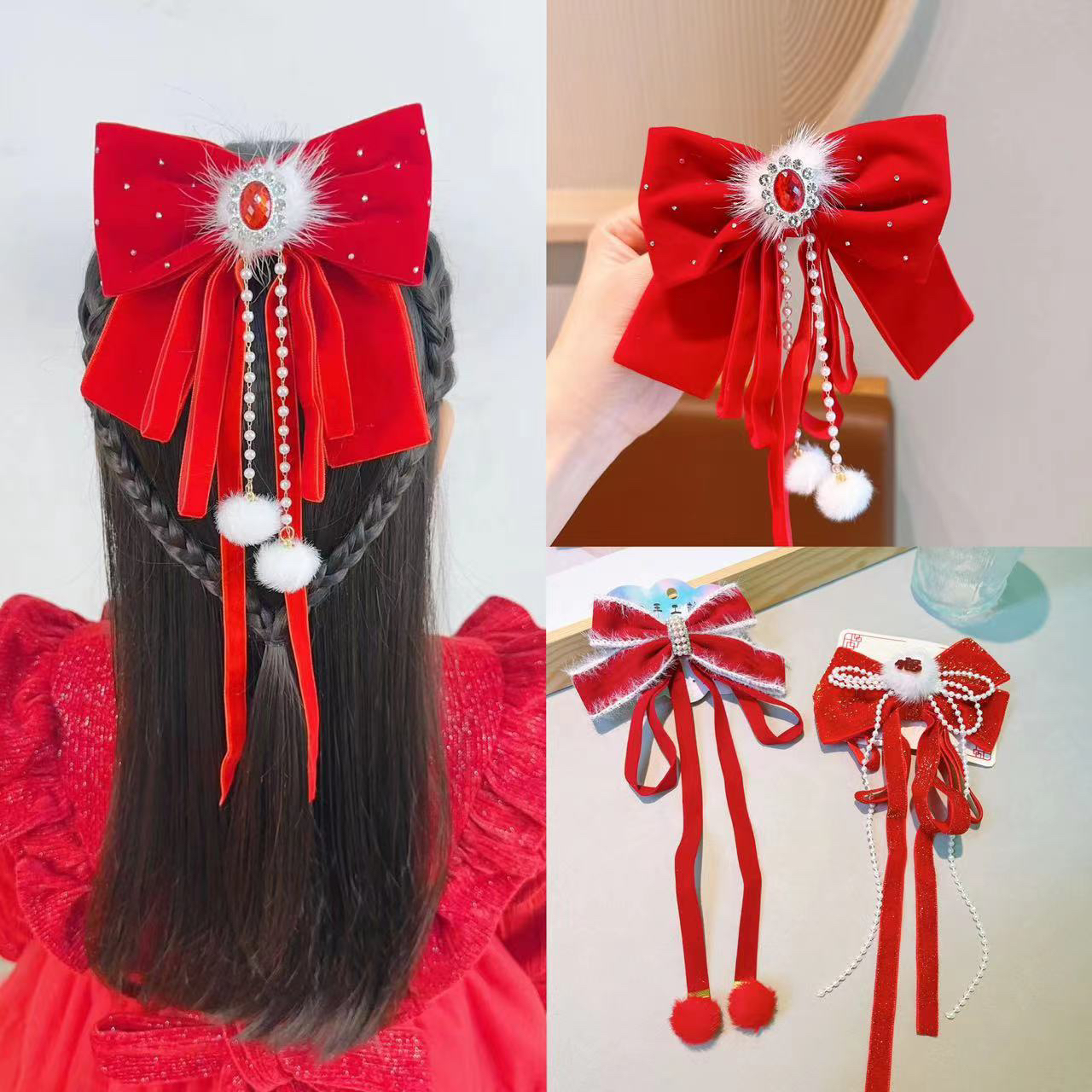 【俏萌宝】韩版儿童蝴蝶结发夹新年红色女童发卡古风过年夹子中国风