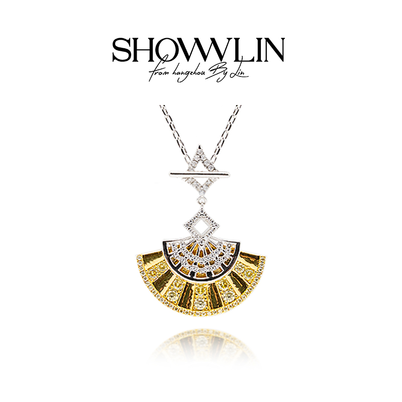ShownLin 铜合金合成锆石项链 金银扇子项链气质轻奢灵动个性古典