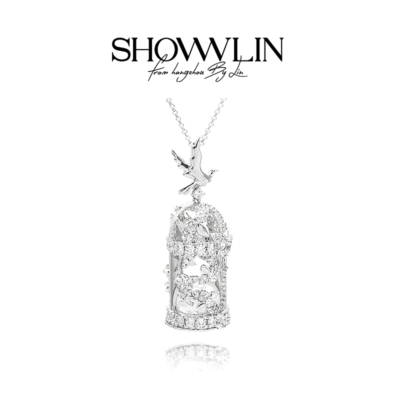 ShownLin 铜合金合成锆石项链 雕花鸟笼项链银色精巧优雅古典素雅