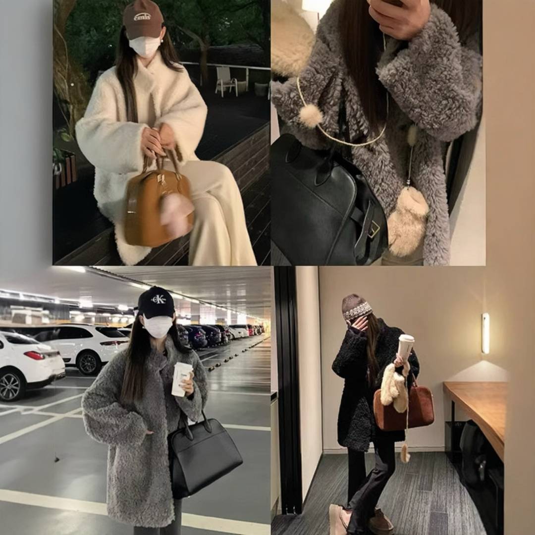 富人区teddy慵懒风立领中长款皮毛一体仿羊羔绒保暖百搭毛毛外套