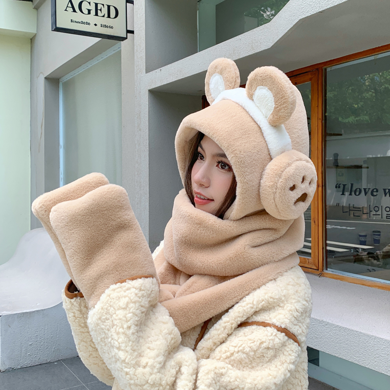 可爱小熊帽子女秋冬保暖围巾一体加厚毛绒手套防风护耳三件套连帽