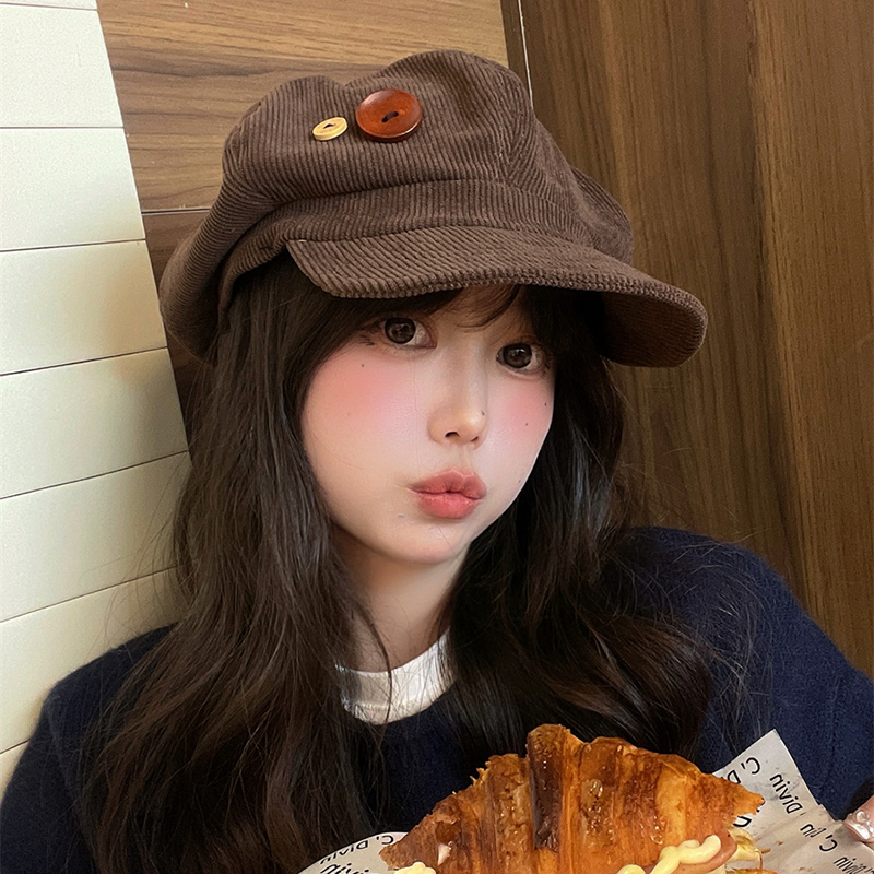 中古风日系复古棕色灯芯绒八角帽子女秋冬季纽扣云朵帽短檐报童帽