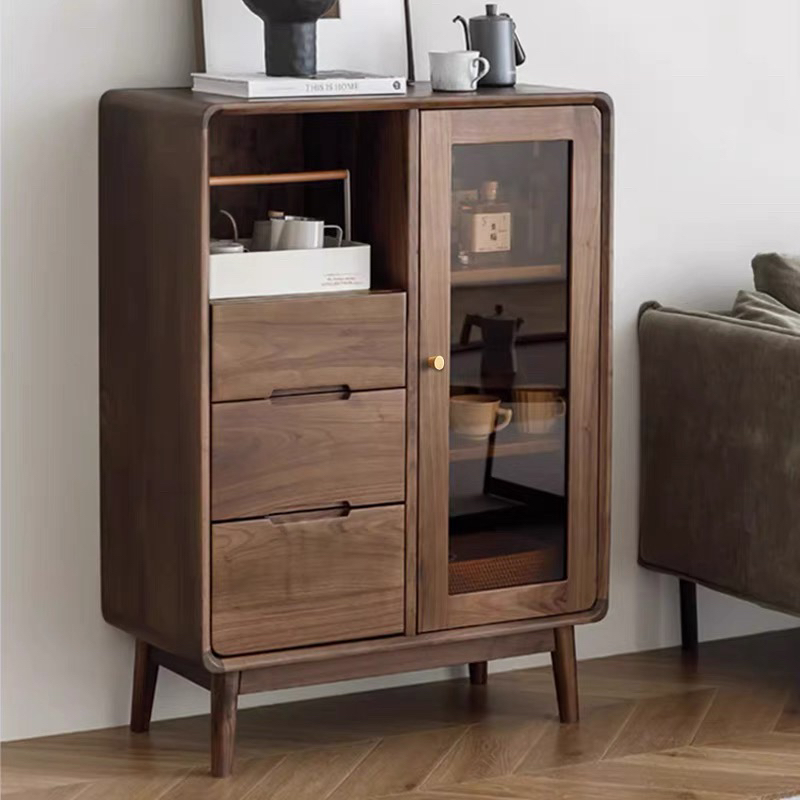 北美中古风黑胡桃木边柜斗柜餐边柜酒柜玻璃门实木沙发展示柜书柜