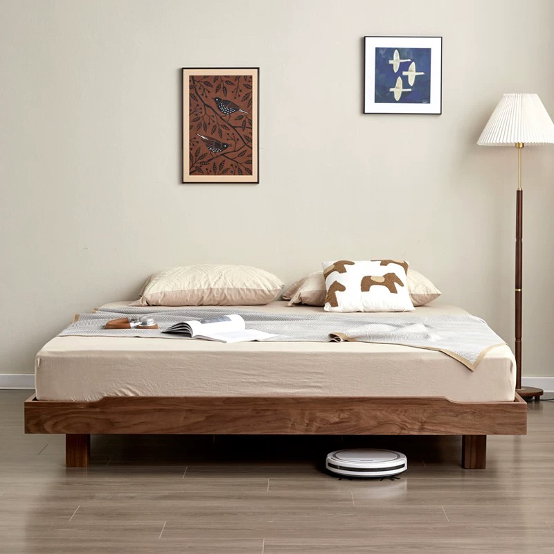 实木榻榻米床黑胡桃木无床头悬浮设计双人床