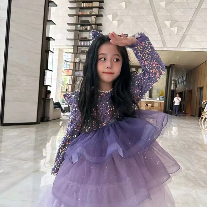 女童公主裙秋冬亮片蓬蓬裙蛋糕裙高端韩版女孩生日礼服裙送头纱