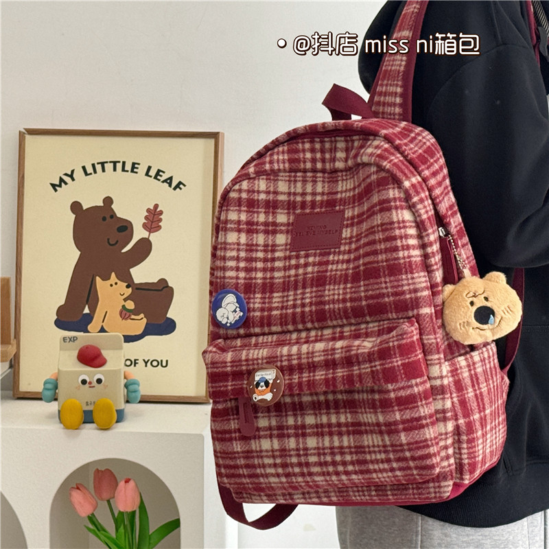 新款学院风ins秋冬复古格子书包韩版中学生初中生双肩包百搭背包