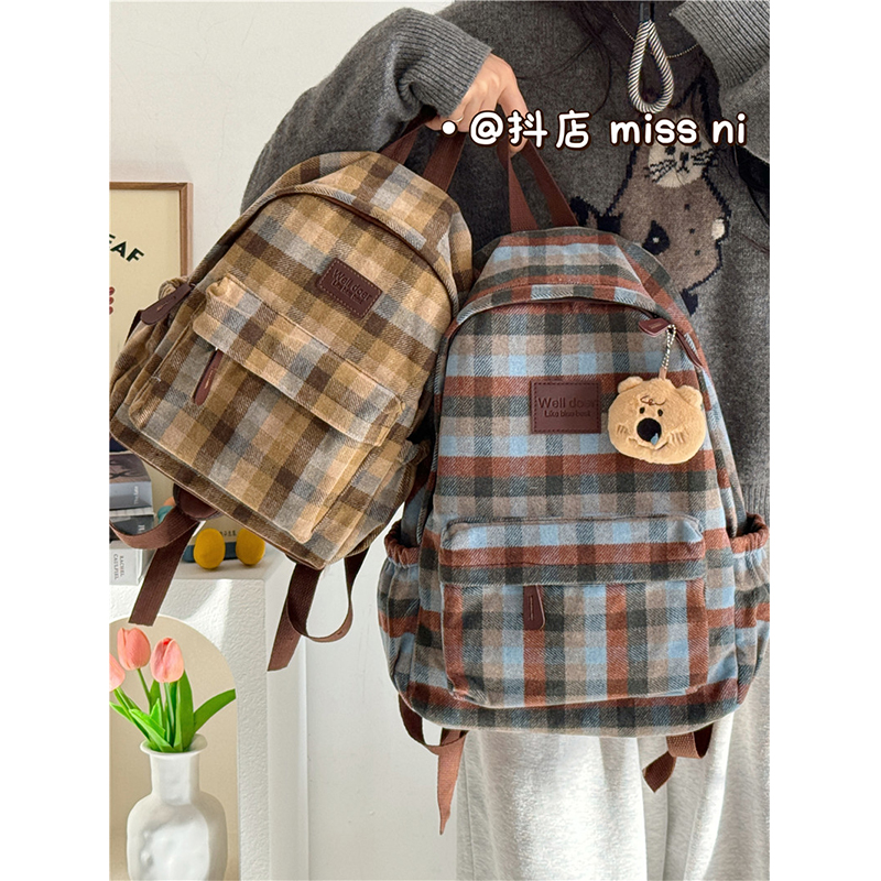 秋冬高颜值复古格子毛呢双肩包韩版ins学院风学生上课包轻便背包