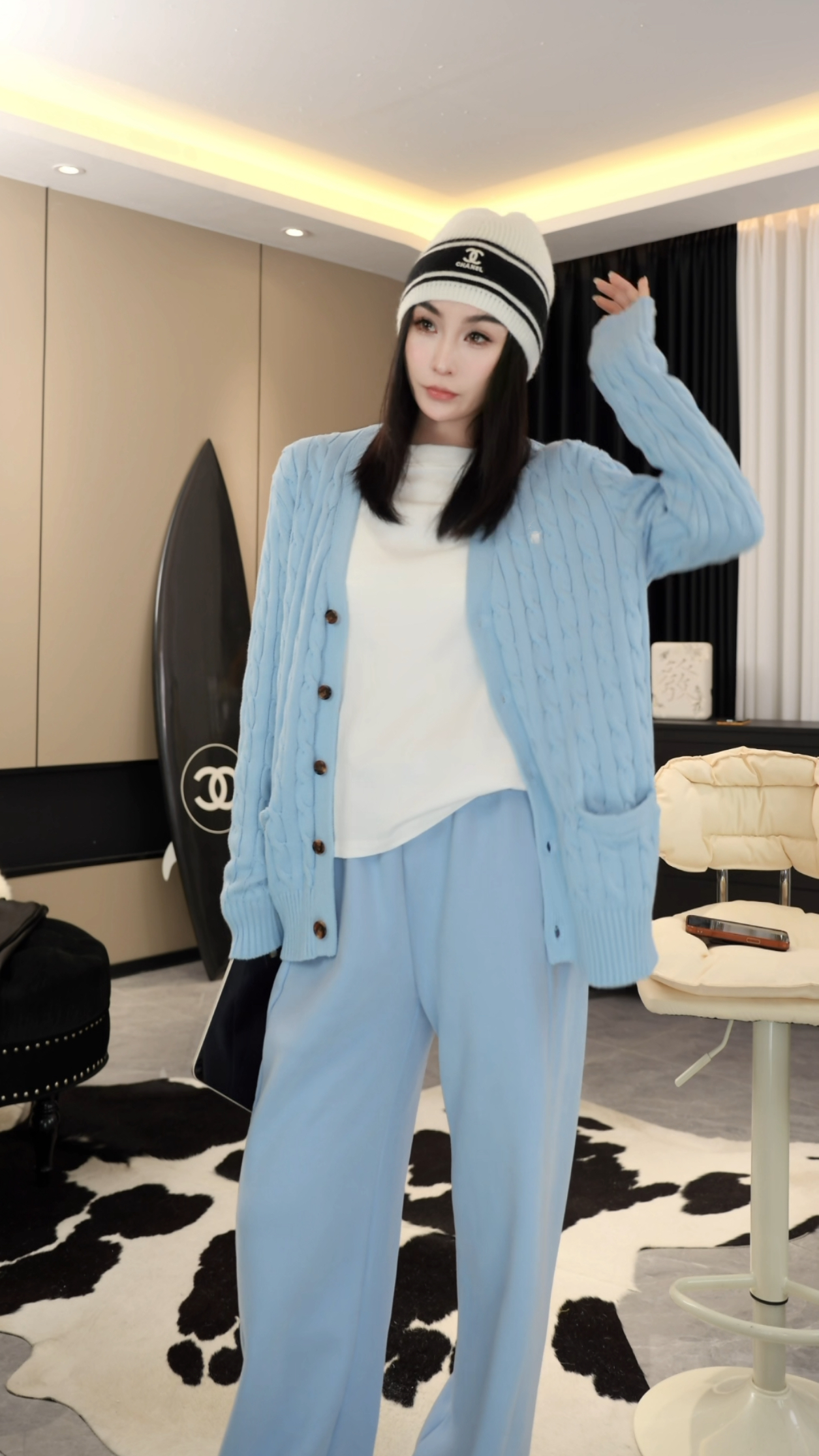 【劉發發】W280【战马天空蓝V领开衫款】新款时尚韩版百搭针织上衣