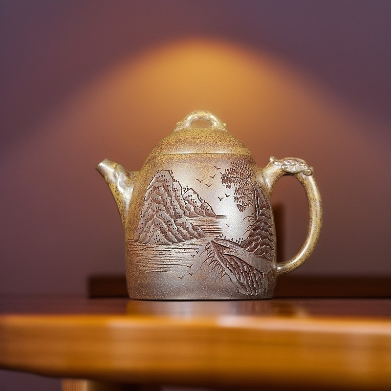 宜兴正宗真品紫砂壶全手工刻绘观山秦权原矿龙骨金砂容量200c