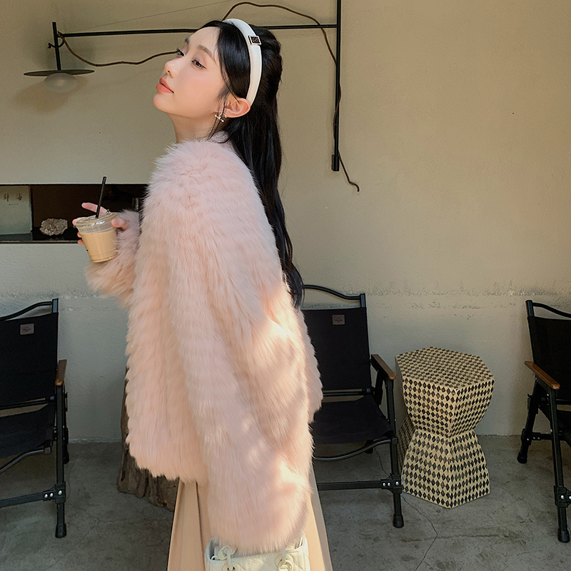 “迷雾粉”狐狸毛车条皮草外套女短款时尚高级感2024冬新款2296