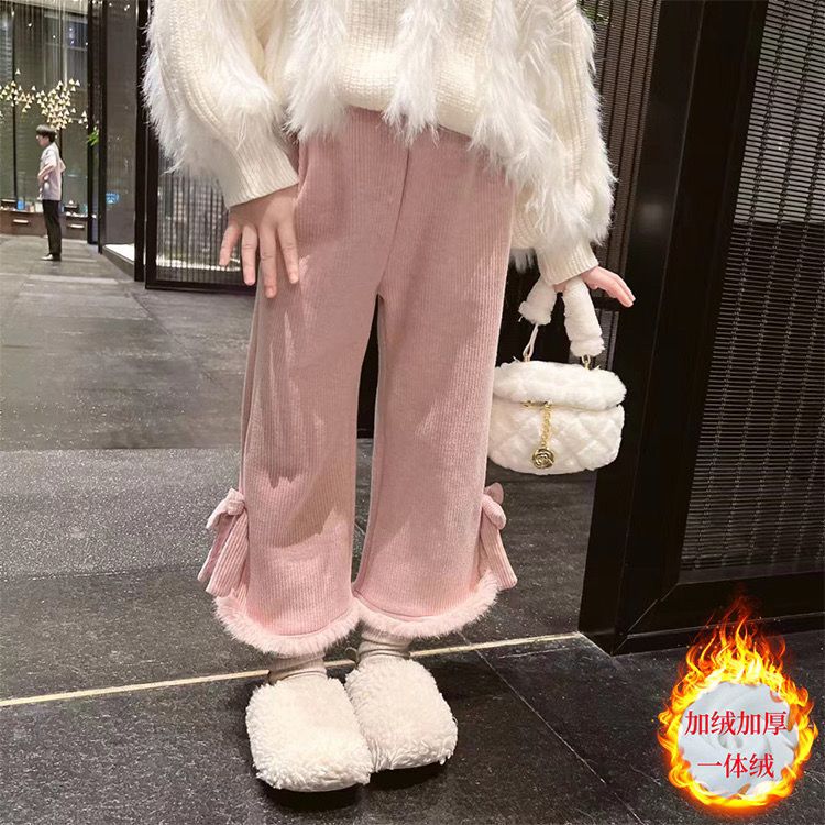 秋冬款女童加绒时髦蝴蝶结流苏休闲百搭直筒微喇裤宝宝洋气宽松裤