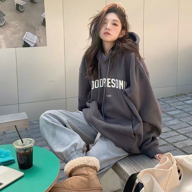 美式复古深灰色卫衣女秋冬oversize宽松bf慵懒风连帽加绒加厚外套