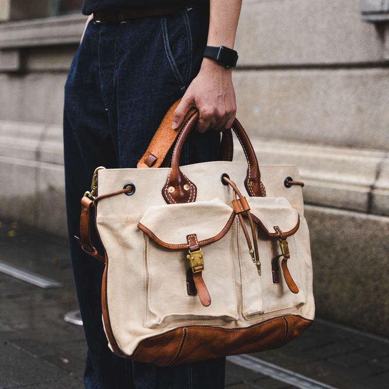 DUOBAI复古重磅帆布托特包单肩手提旅行包 手工高端质感牛皮大包