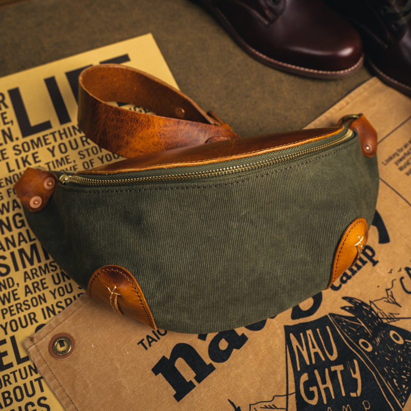 DUOBAI复古加厚帆布头层牛皮胸包 欧美休闲拉链腰包质感单肩挎包