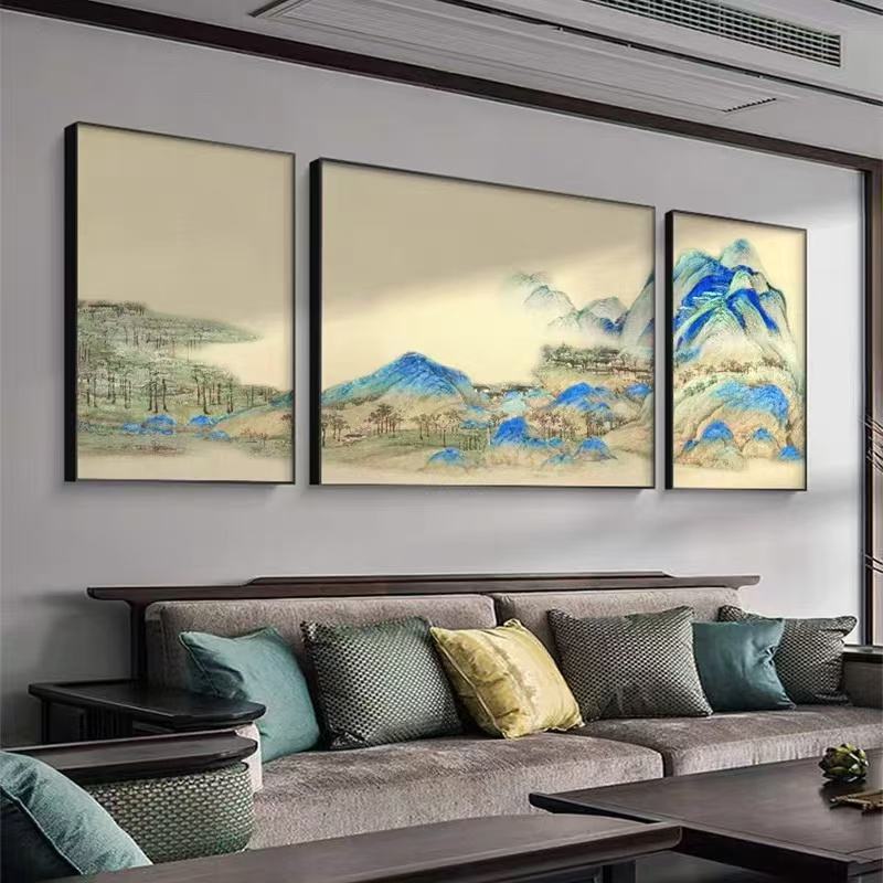 千里江山图装饰画客厅背景墙三联画新中式风格