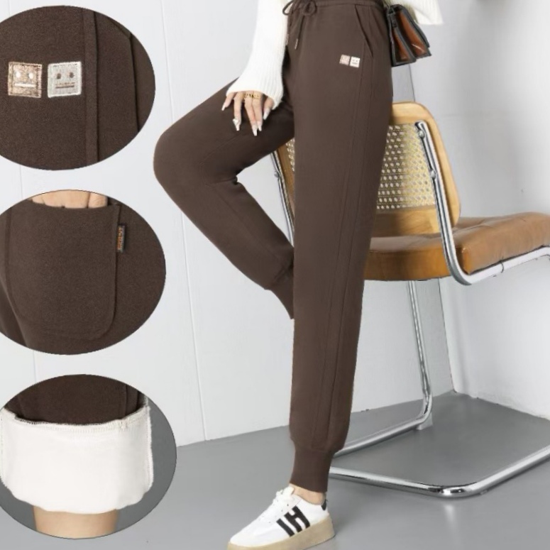 新款加绒防风裤冬季保暖加厚休闲裤男女同款高腰显瘦