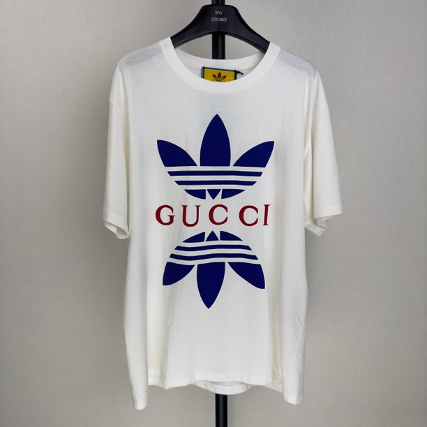 全新未使用 GUCCI/古驰 addidas白色三叶草字母logo短袖tee联名款