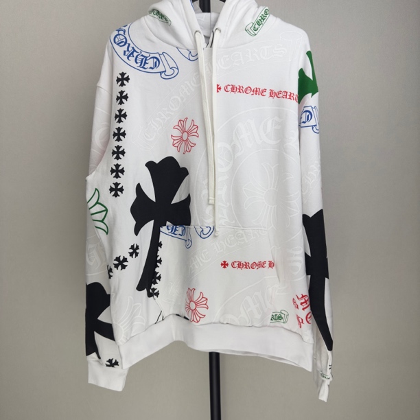 全新未使用 Chrome Hearts/克罗心 十字涂鸦logo多元素喷绘帽衫白
