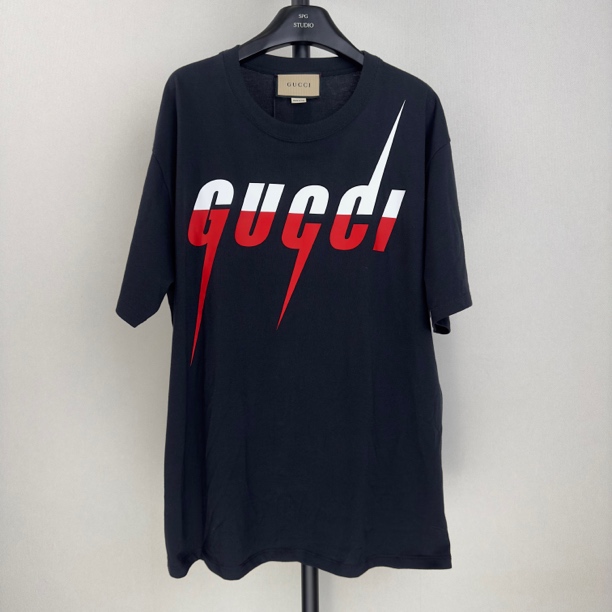 全新未使用 GUCCI/古驰 刀锋闪电印花logo时尚宽松男款黑色短袖