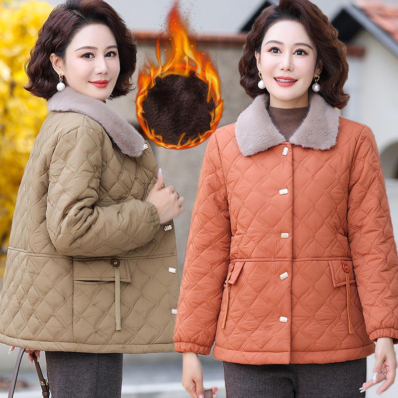 中年妈妈冬装加绒保暖翻领小棉衣短款中老年女装洋气保暖棉袄外套
