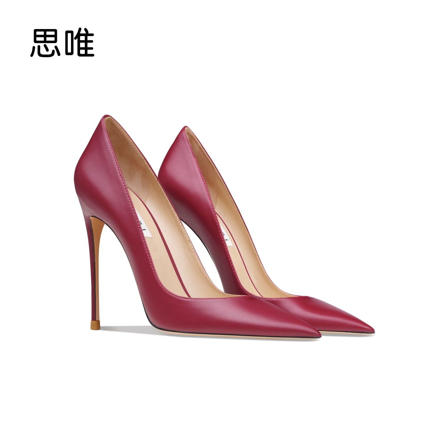 思唯酒红色哑光高跟鞋女2025年新款爆款细跟尖头浅口复古羊皮单鞋