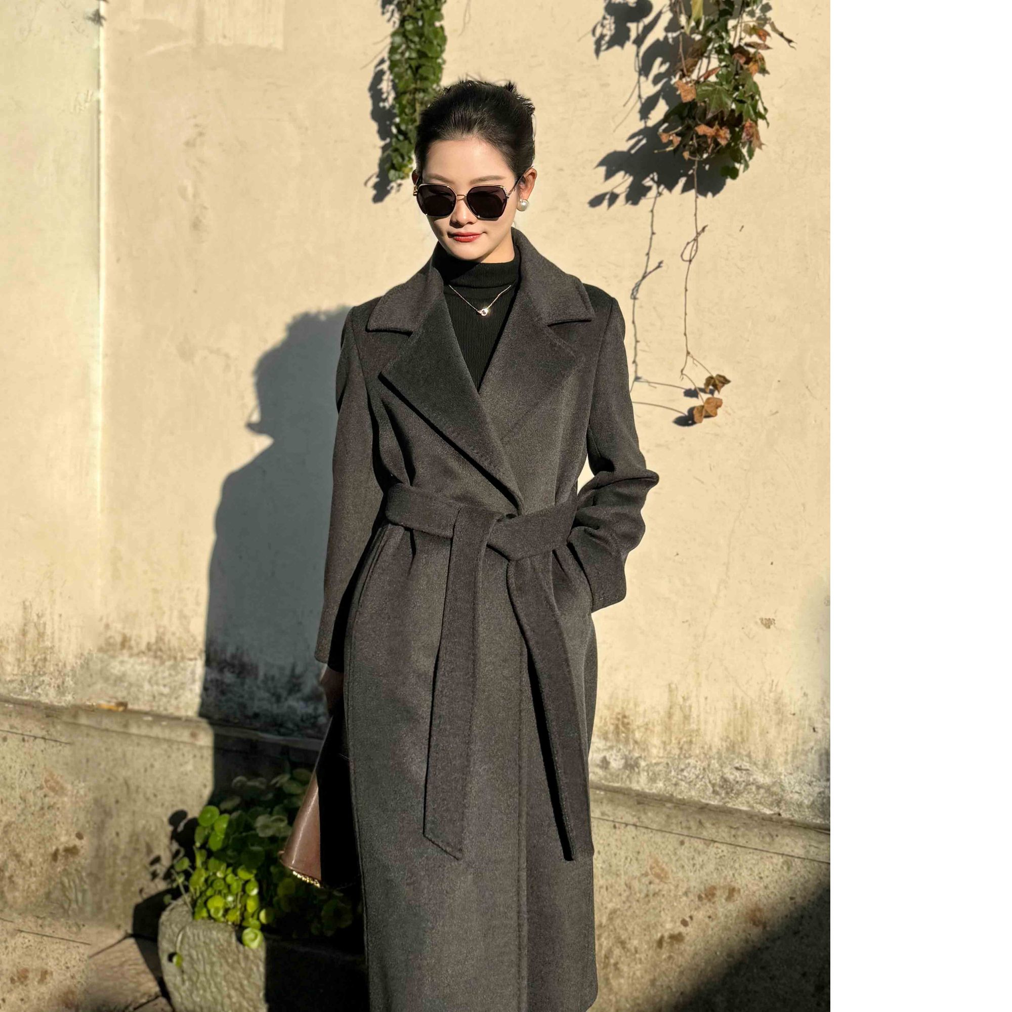 德莱妮思冬季新爆款正肩加厚高端双面羊绒大衣女灰色长款修身显瘦